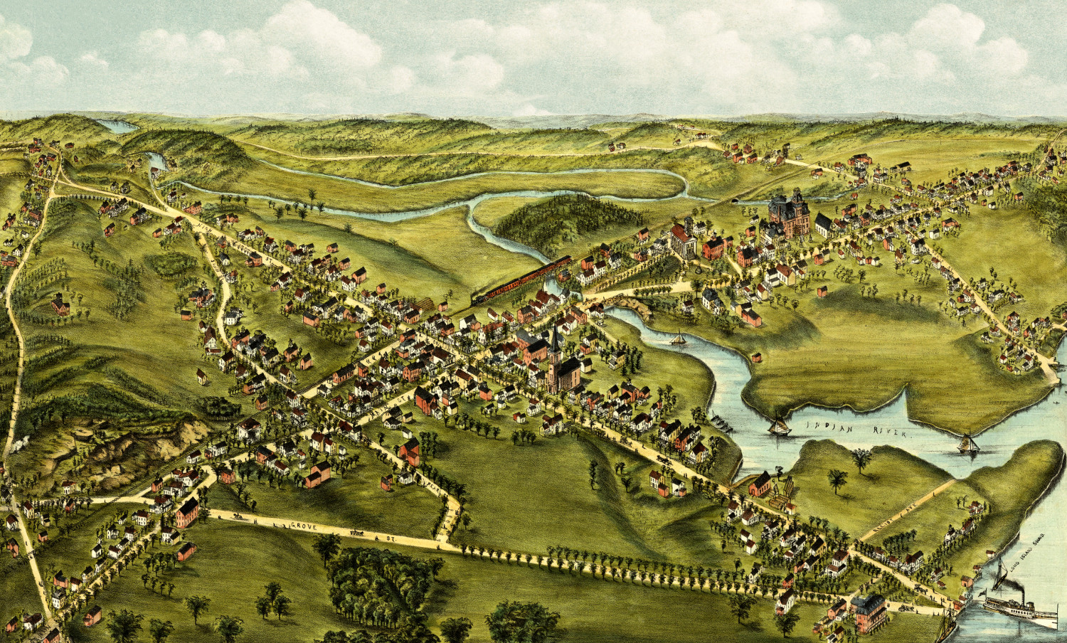Restored bird's eye view of Clinton, CT from 1881 KNOWOL