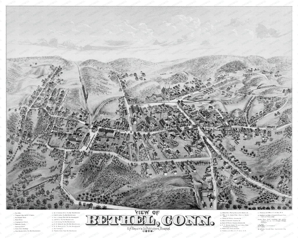 Historic old map shows bird’s eye view of Bethel, Connecticut in 1879 