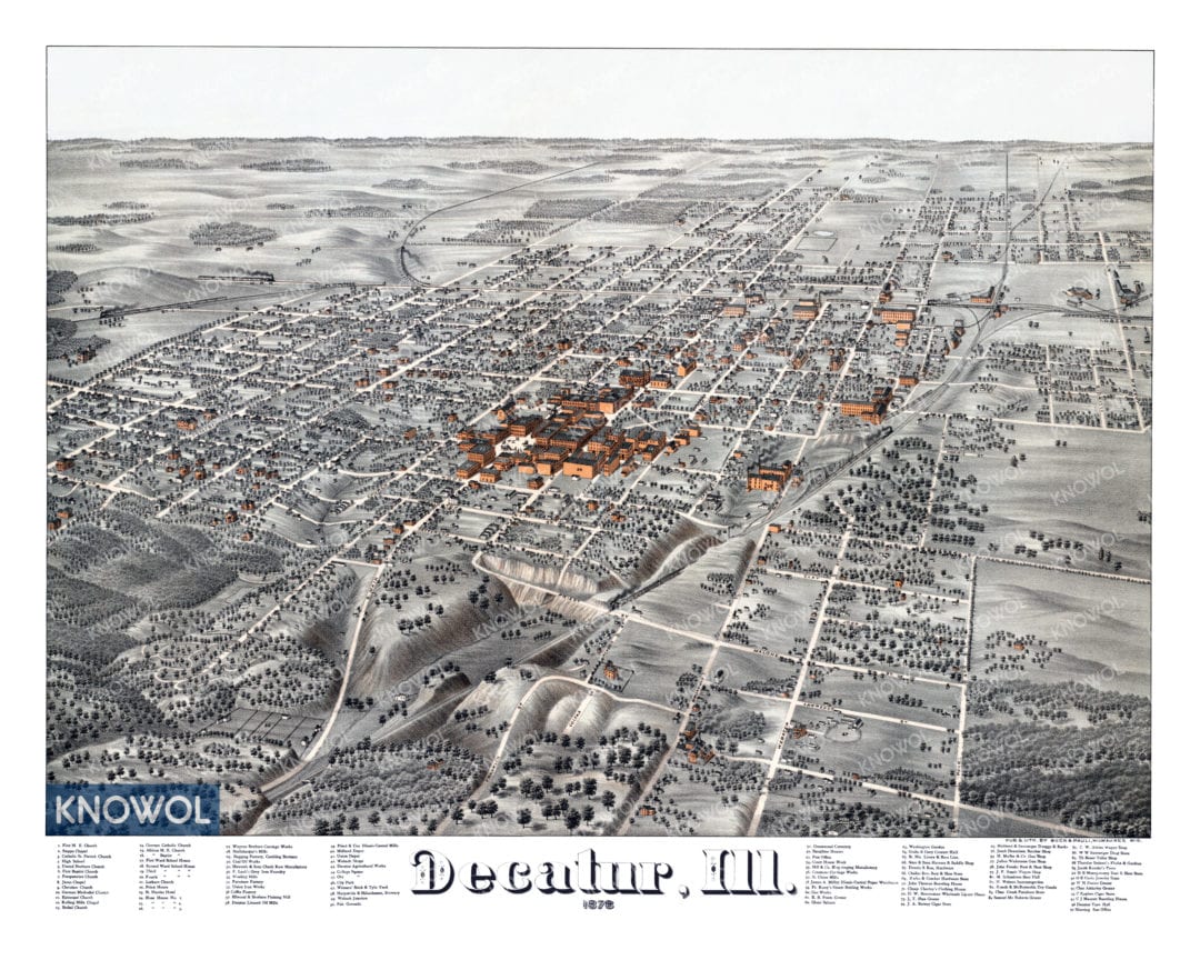 Historic map shows bird’s eye view of Decatur, Illinois in 1878