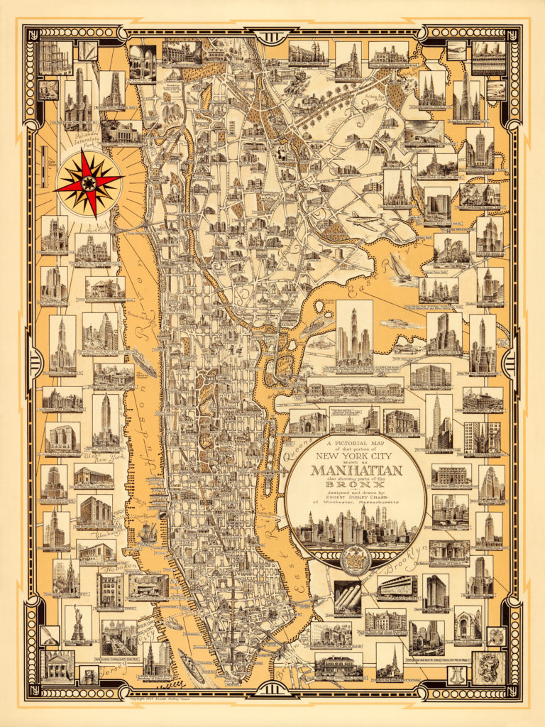 Old Map Of Manhattan Nyc Featuring Illustrations From 1939