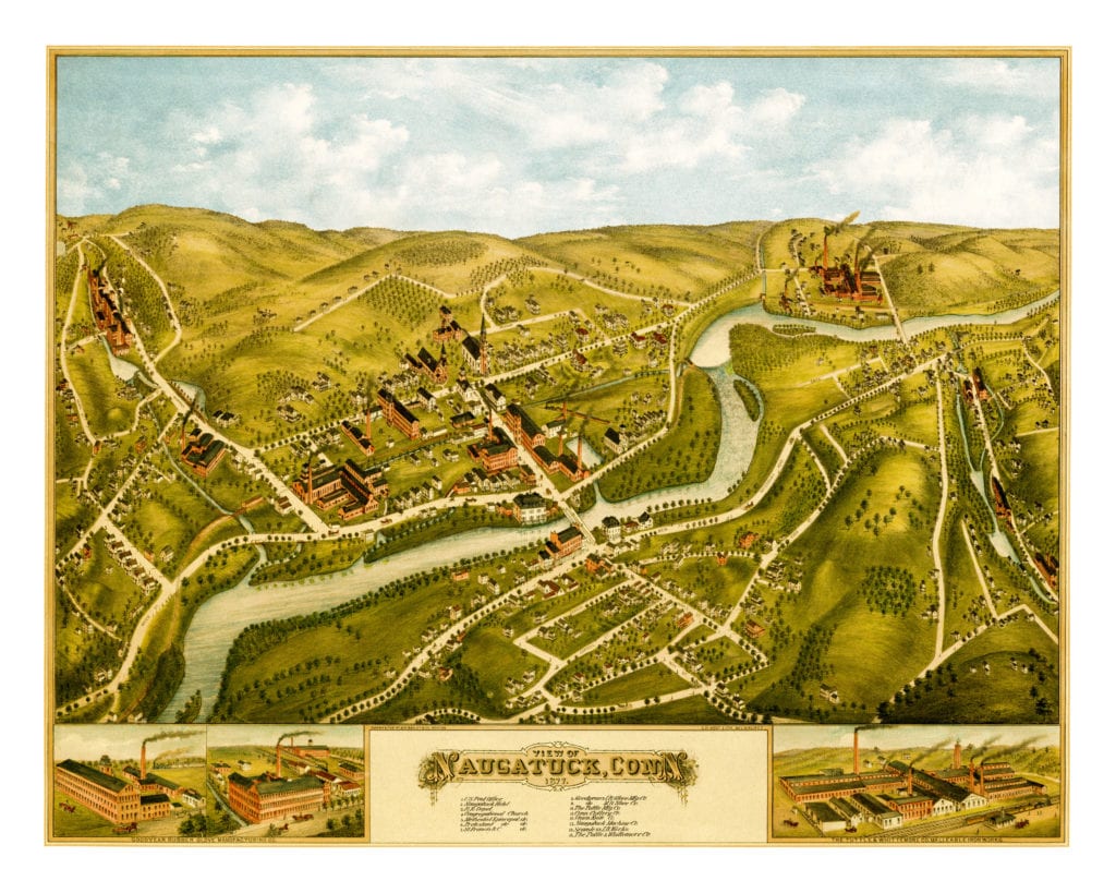 Hand painted map of Naugatuck, Connecticut from 1877 - KNOWOL