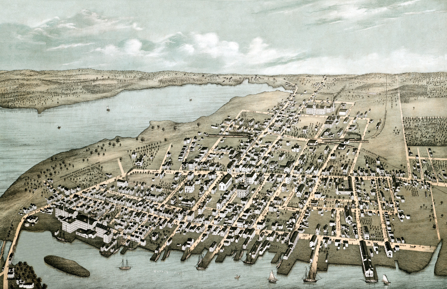 Historic bird’s eye view map of Warren, Rhode Island from 1877