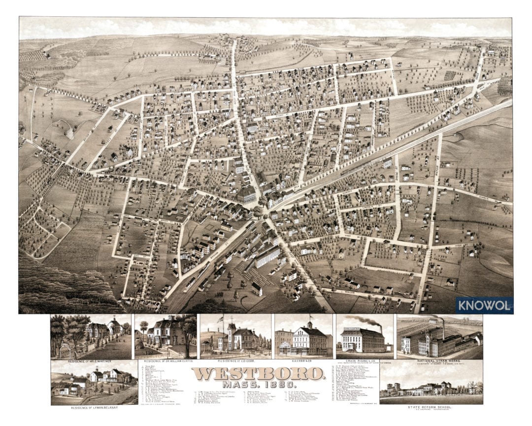 Historic old map of Westborough, Massachusetts from 1880