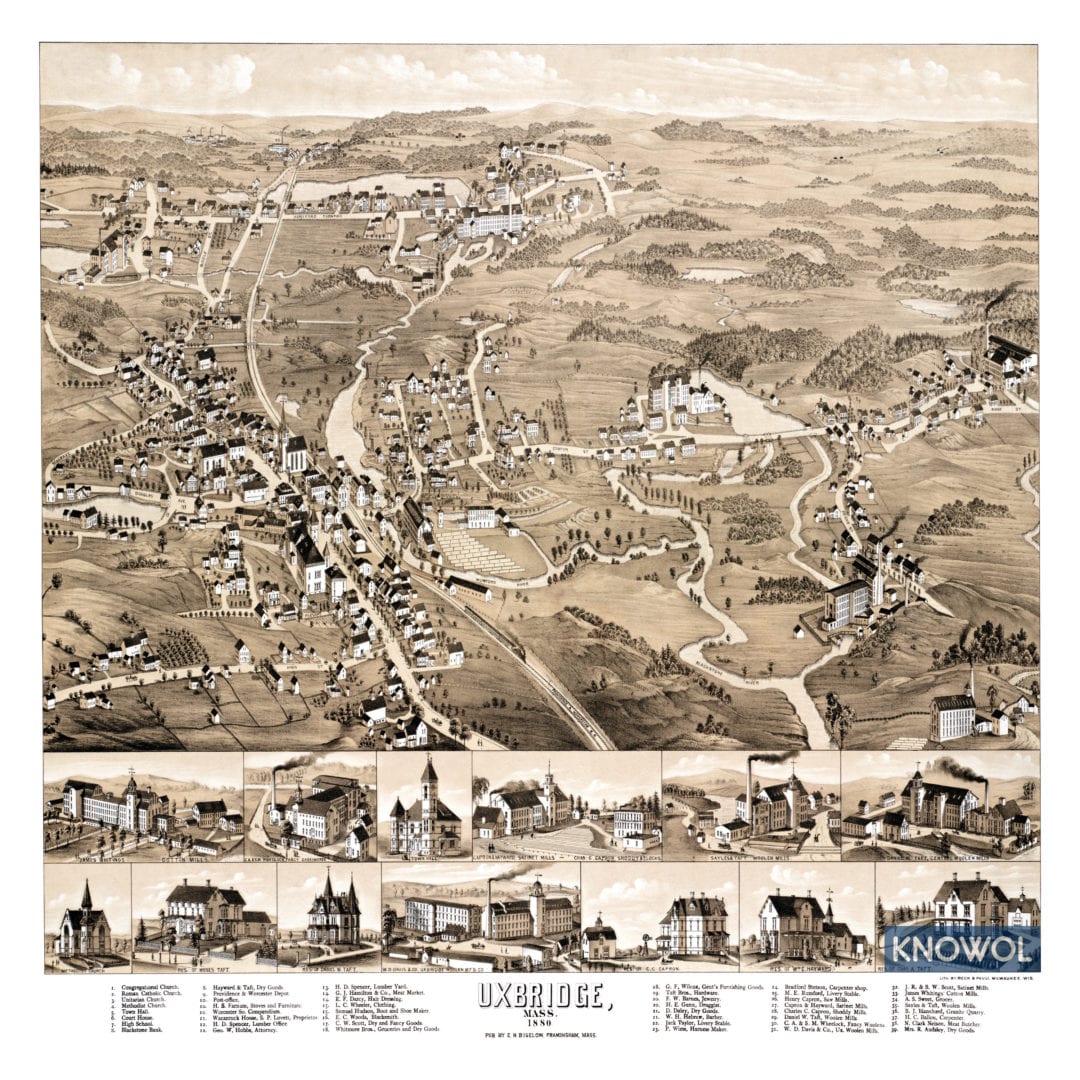 Historic old map of Uxbridge, Massachusetts from 1880