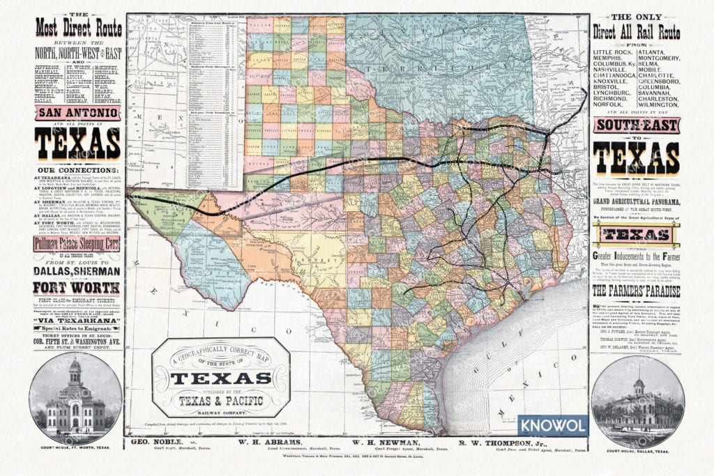 Old Texas Railroad Map 1876 SM - KNOWOL