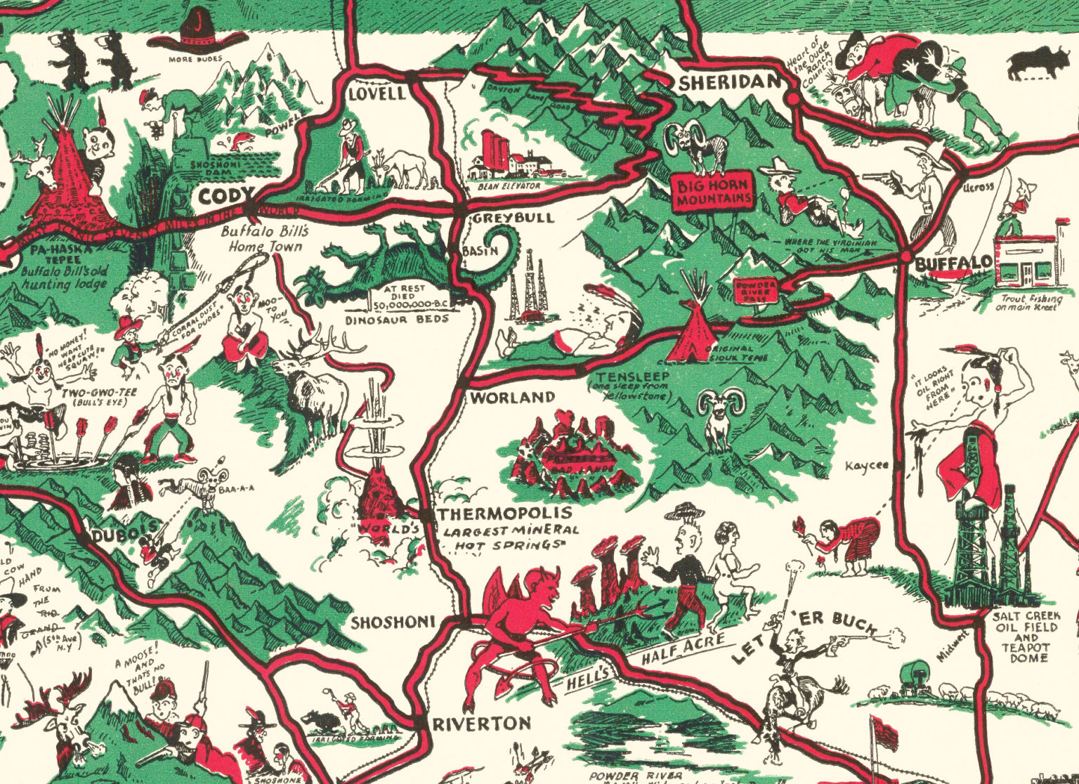 Whimsical Paint-Brush Map of Wyoming from 1938 - KNOWOL