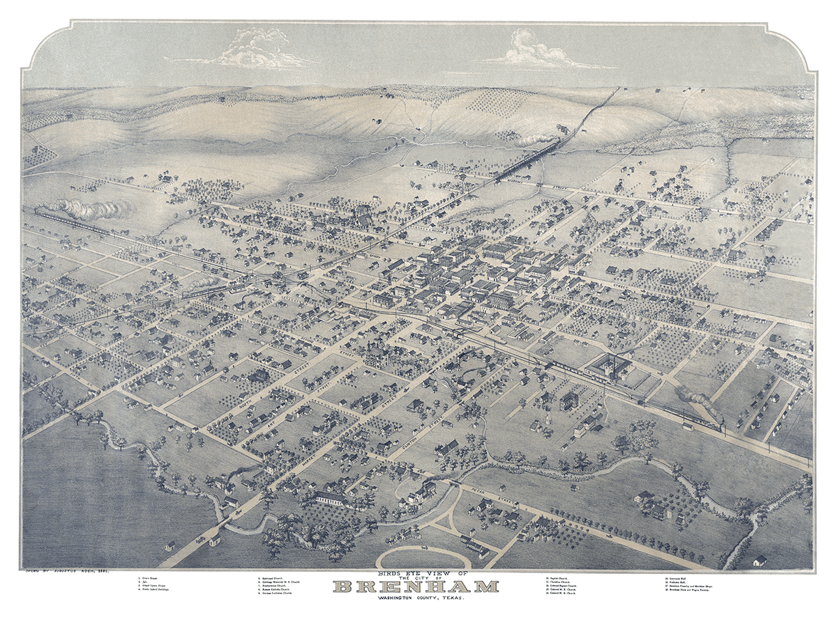 Historic old map shows bird’s eye view of Brenham, Texas in 1881 - KNOWOL