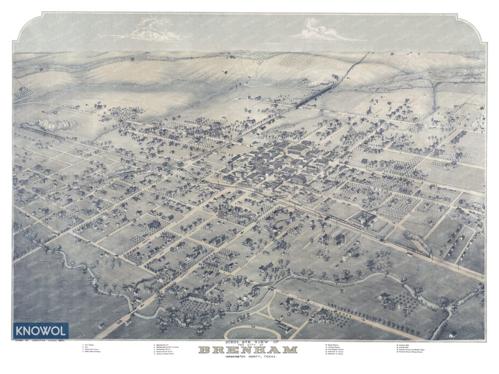 Historic old map shows bird's eye view of Brenham, Texas in 1881 - KNOWOL