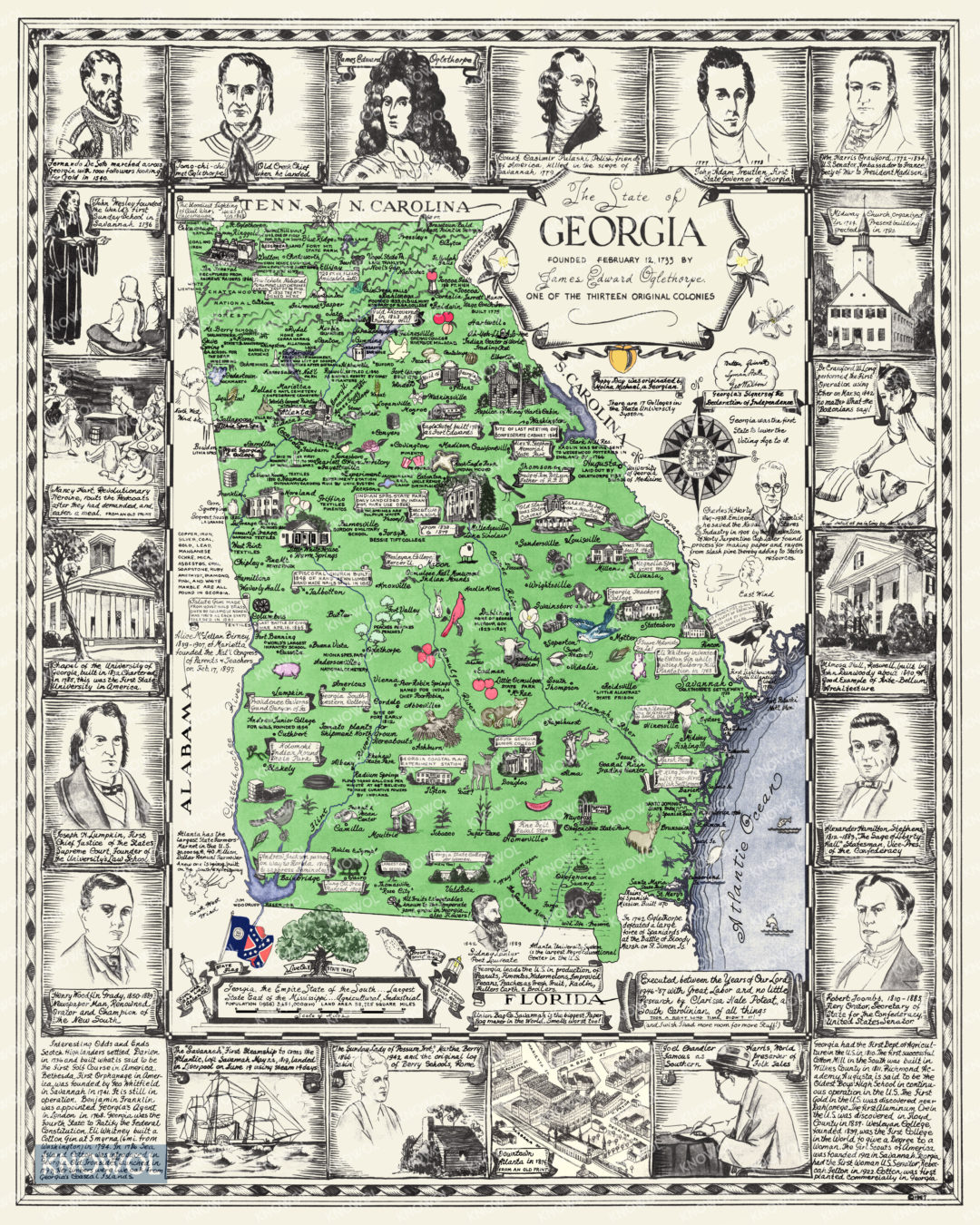 Vintage map of Georgia, one page history dedicated to the Old Timers