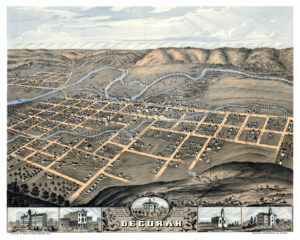 1870 bird's-eye view map of Decorah, Iowa, showcasing historic landmarks such as Norwegian College and the M & St Paul RR Depot.